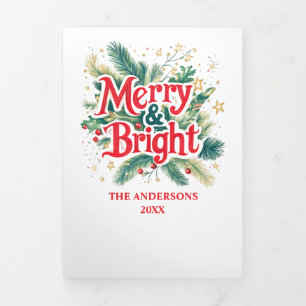 Vintage Merry and Bright Simple Multi Photo Tri-Fold Holiday Card