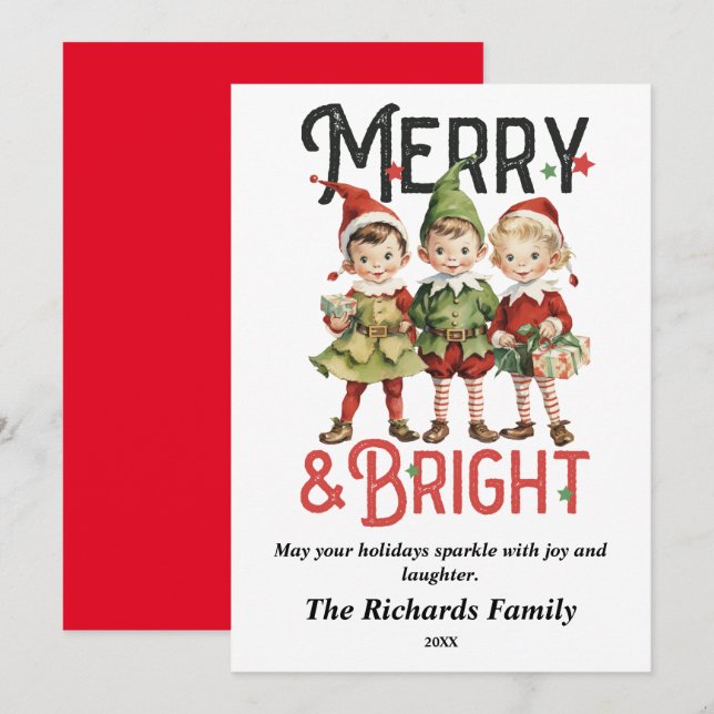 Vintage Merry & Bright Christmas Elves Card (Front/Back)