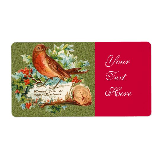 Vintage Merry Christmas Bird on Log with holly Shipping Label