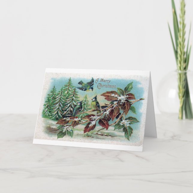 Vintage Merry Christmas Birds Holiday Card (Front)