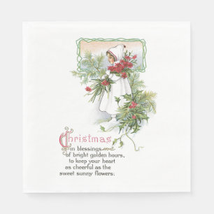 Vintage Merry Christmas Blessing Card Floral Poem Napkin