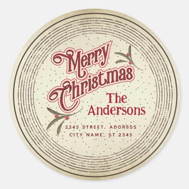 Vintage Merry Christmas botanical holly  Classic Round Sticker (Front)