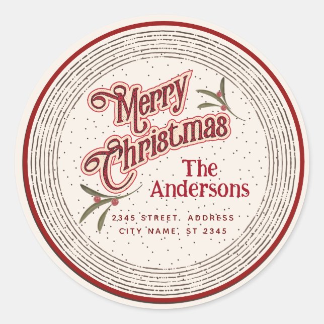 Vintage Merry Christmas botanical holly  Classic Round Sticker (Front)