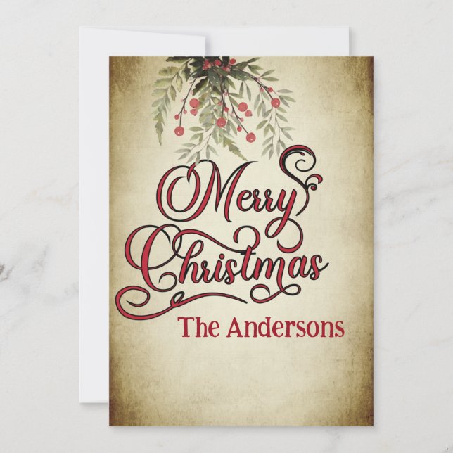 Vintage Merry Christmas botanical holly  Holiday Card (Front)