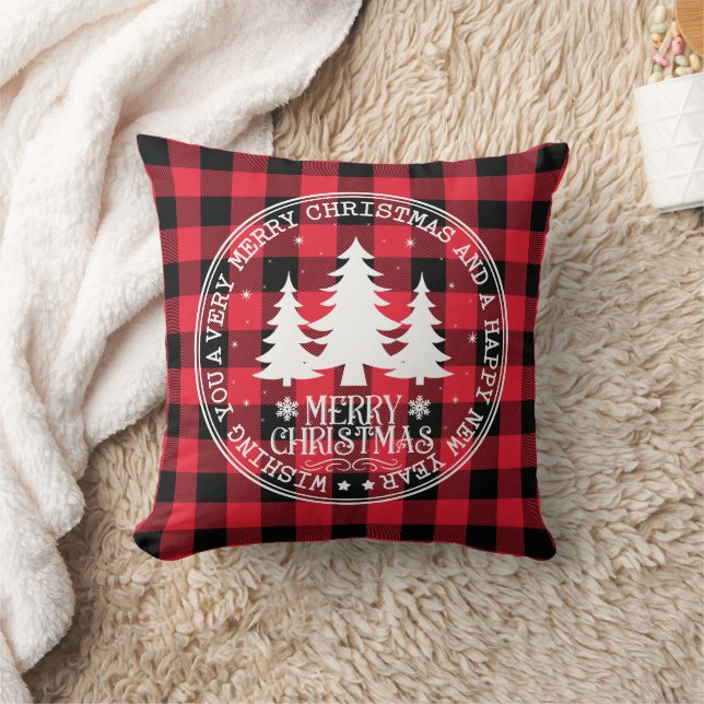 Vintage Merry Christmas Buffalo Check Throw Pillow (Blanket)