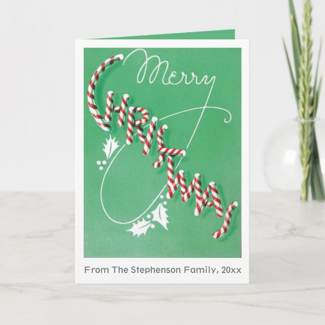 Vintage Merry Christmas Candy Cane Text Holiday Card (Front)