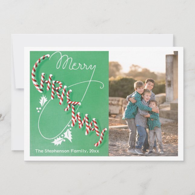 Vintage Merry Christmas Candy Cane Text Photo Card (Front)