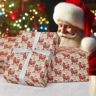 Vintage Merry Christmas Card Santa & Sleigh Wrapping Paper