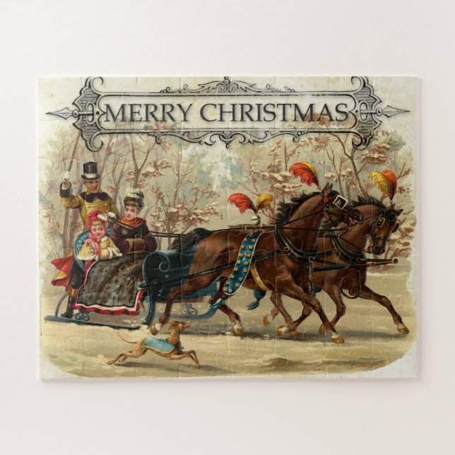 Vintage Merry Christmas Carriage Ride Jigsaw Puzzle (Horizontal)