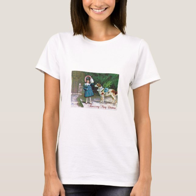 Vintage Merry Christmas Children and Dogs T-Shirt (Front)