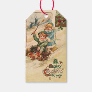 Vintage Merry Christmas, Children on Sleigh Gift T Tags