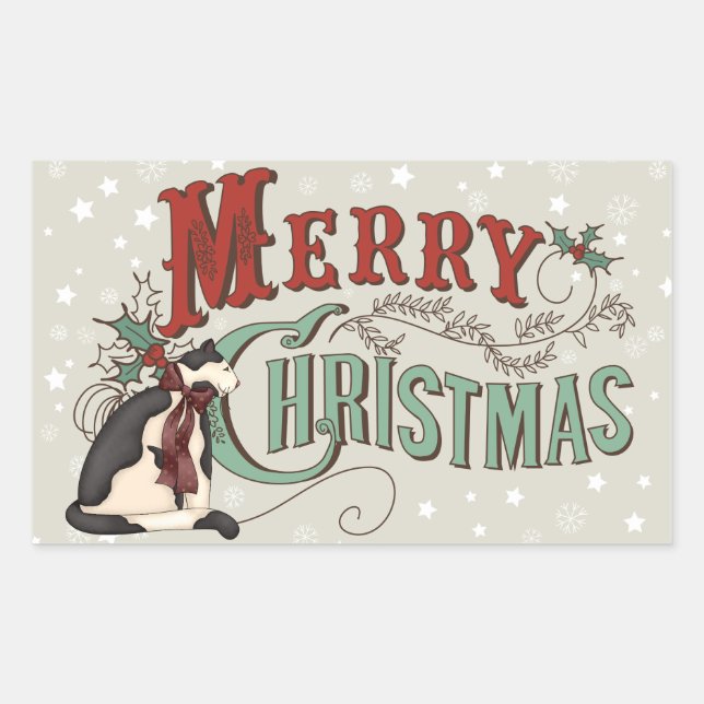 Vintage Merry Christmas Country Cat Holiday Sticker (Front)