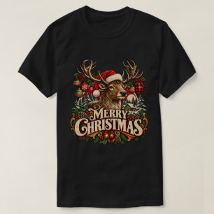 Vintage Merry Christmas Deer Cozy Cabin Woodland T-Shirt
