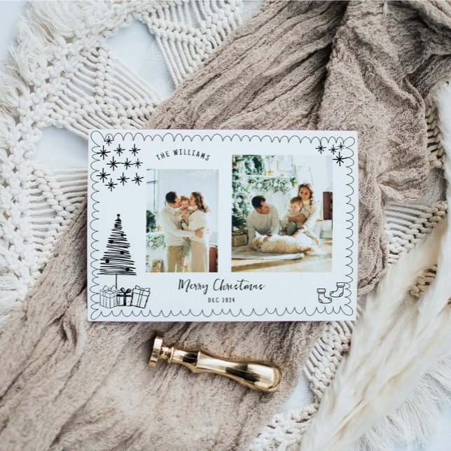 Vintage Merry Christmas Doodle Photo Holiday Card (Creator Uploaded)