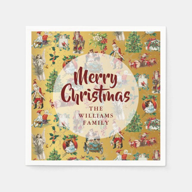Vintage Merry Christmas Gold Family Name Napkin (Front)