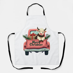 Vintage Merry Christmas Highland Cow in Pink Farm  Apron