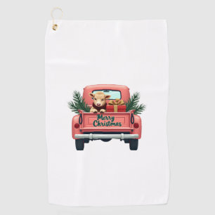 Vintage Merry Christmas Highland Cow in Pink Farm  Golf Towel