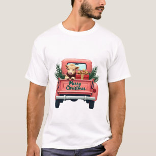 Vintage Merry Christmas Highland Cow in Pink Farm  T-Shirt