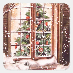 Vintage Merry Christmas House Square Sticker