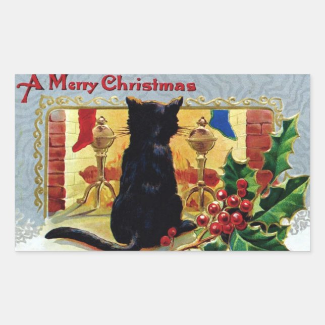 Vintage Merry Christmas Kitten Fireplace Holly Sticker (Front)