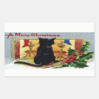 Vintage Merry Christmas Kitten Fireplace Holly Sticker
