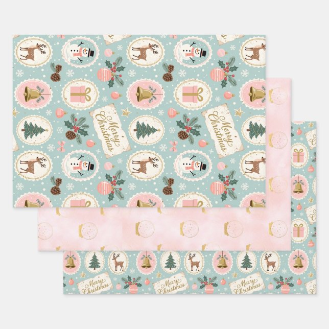 Vintage Merry Christmas Pattern Wrapping Paper (Set)