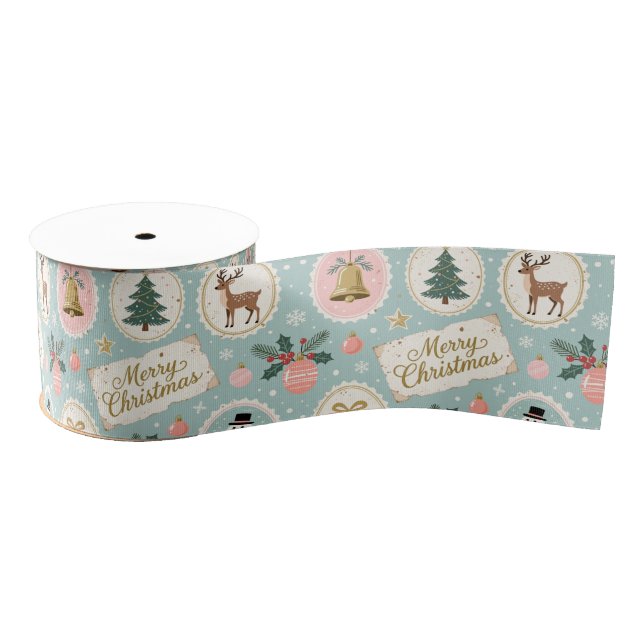 Vintage Merry Christmas Pattern Wrapping Paper Grosgrain Ribbon (Spool)