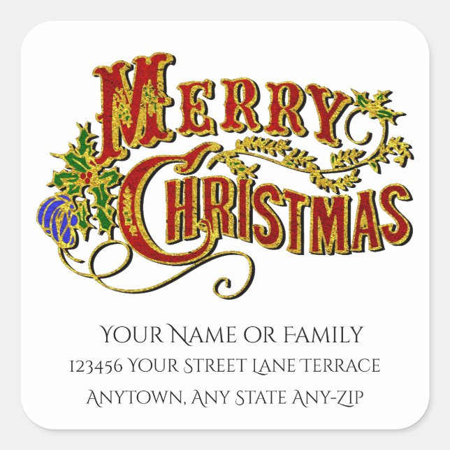 Vintage Merry Christmas Personalize Square Sticker (Front)