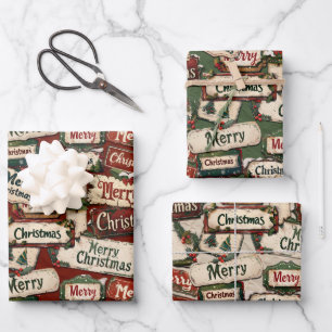 Vintage Merry Christmas Plaques and Signs  Wrapping Paper Sheet