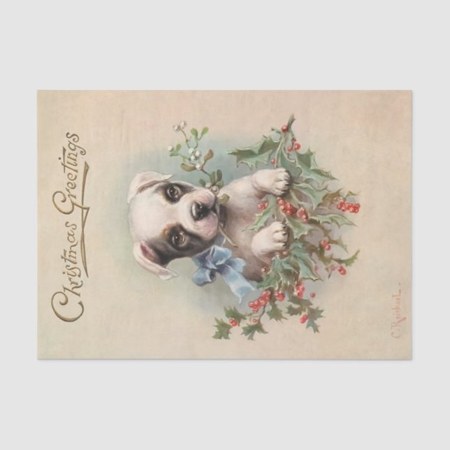 Vintage Merry Christmas Puppy holding Mistletoe Tissue Paper (Front)