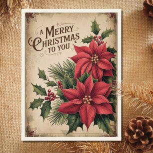 Vintage Merry Christmas Red Poinsettia Folded Holiday Postcard