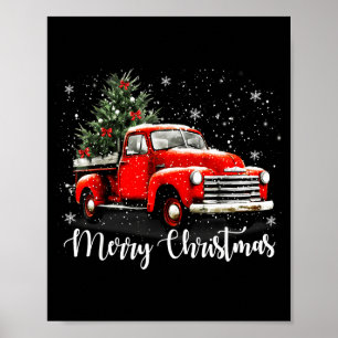 Vintage Merry Christmas Red Truck Xmas Tree Family Poster