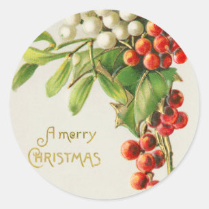 Vintage Merry Christmas Red & White Holly Berries Classic Round Sticker