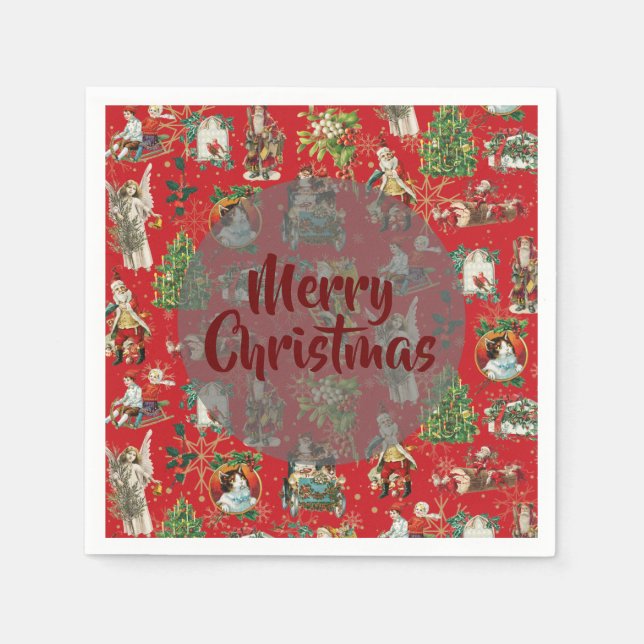 Vintage Merry Christmas Retro Festive Red Napkin (Front)