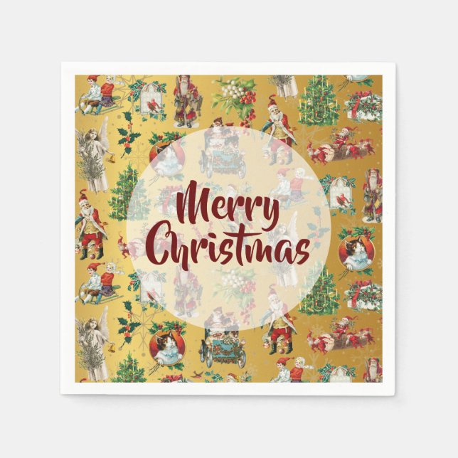 Vintage Merry Christmas Retro Gold  Napkin (Front)