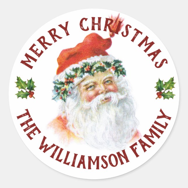 Vintage Merry Christmas Santa Personalized Classic Round Sticker (Front)