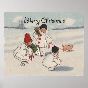 Vintage Merry Christmas Snow Children Artwork Poster