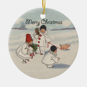 Vintage Merry Christmas Snow Children Ceramic Ornament