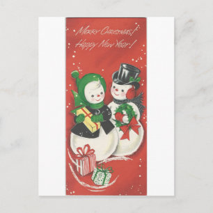 Vintage Merry Christmas Snowman Couple Holiday Postcard