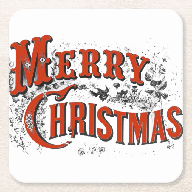 Vintage Merry Christmas Square Paper Coaster (Front)