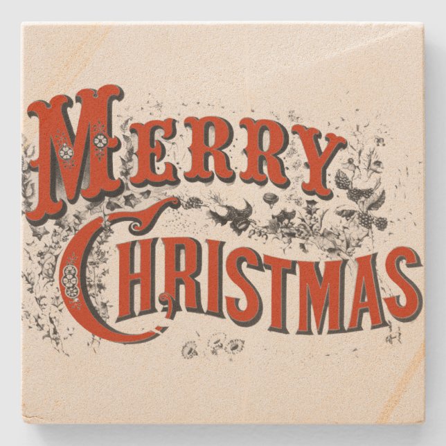 Vintage Merry Christmas Stone Coaster (Front)
