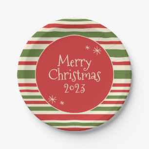 Vintage Merry Christmas Stripes Cute Retro Paper Plate