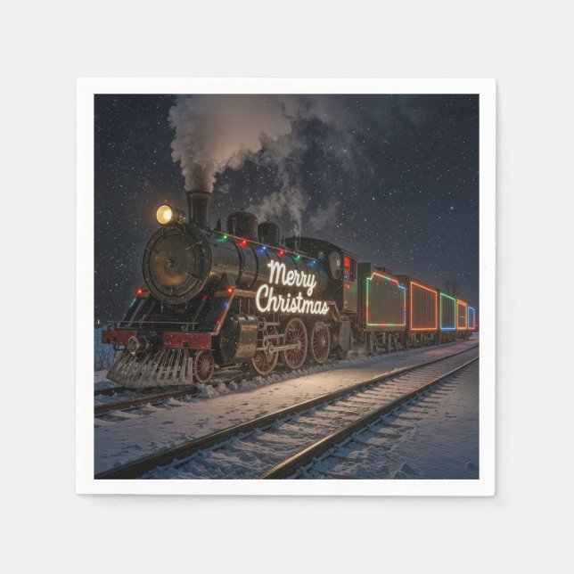 Vintage Merry Christmas Train In Snow Napkin (Front)