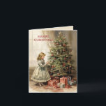 Vintage Merry Christmas Tree Girl Gifts Holiday Card<br><div class="desc">Folded holiday greeting card with a vintage painting of a girl decorating a Christmas tree with wrapped gifts underneath. Text says, "Merry Christmas" but is customizable for your own greeting. Personalized on the back with your message and name. Contact me for assistance with your customization or to request additional matching...</div>