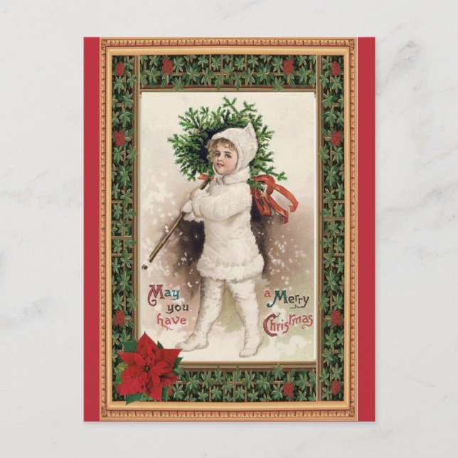 Vintage Merry Christmas Victorian Child Poinsettia Postcard (Front)