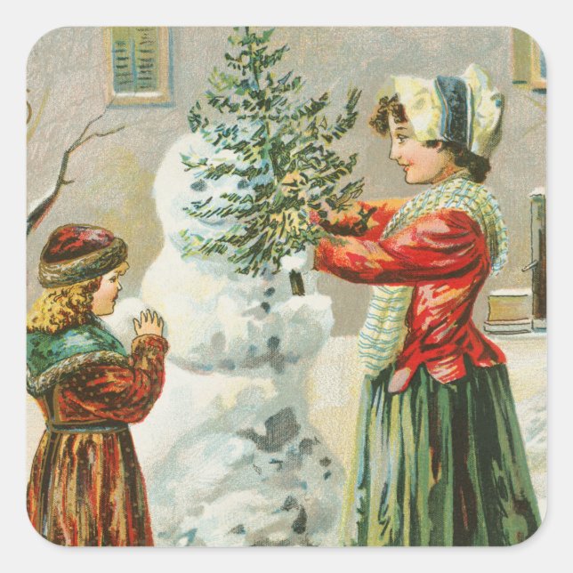 Vintage Merry Christmas Winter Snowman Square Sticker (Front)