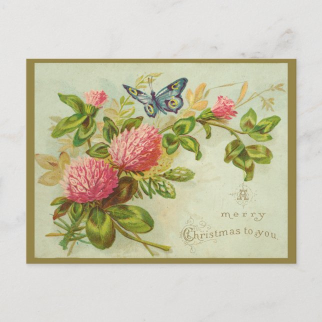 Vintage Merry Christmas with Butterfly and Flowers Postcard (Front)