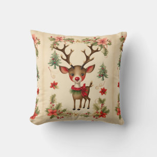 Vintage Merry Christmas Woodland Rudolph Deer Throw Pillow