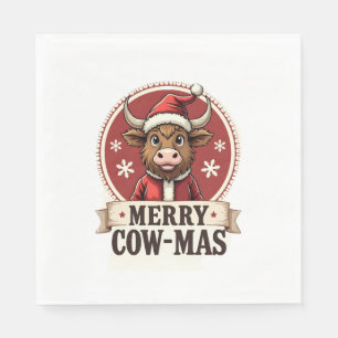Vintage Merry Cow-Mas Highland Cow Christmas Carto Napkin