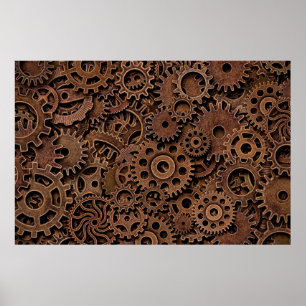 Vintage metal brass gears poster